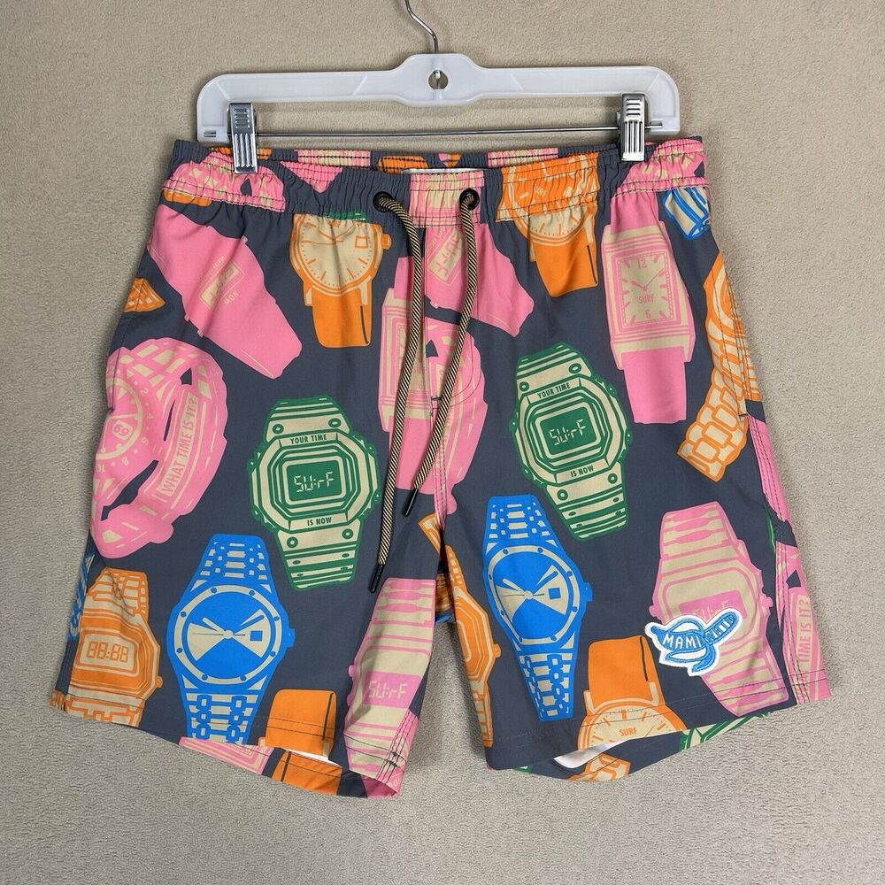 Mami‎ Wata Short Mens Small Multicolor Y2K Watch Print Elastic Waist Swim Trunk